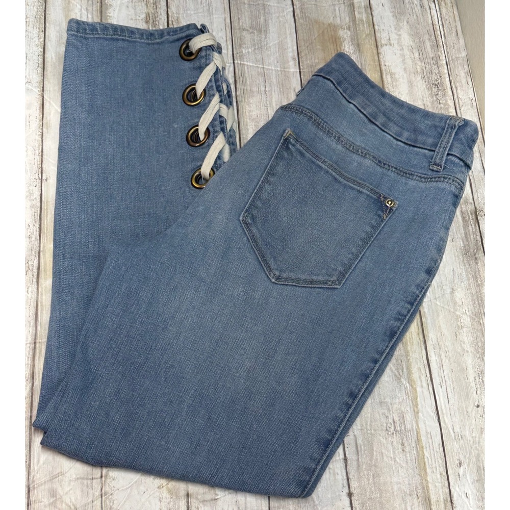 Chicos Girlfriend Slim Leg Jeans Lace Up Hem Blue Denim Size 0P( 4‎ petite)